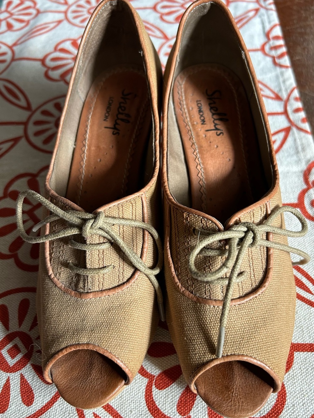 Anthropologie - Shellys London Women's Tan Canvas Peep-Toe Oxford Size 37